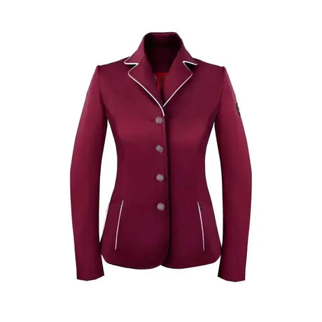 A maroon equestrian jacket michelle burgundy with white piping on collar front placket and side seams super stylish short