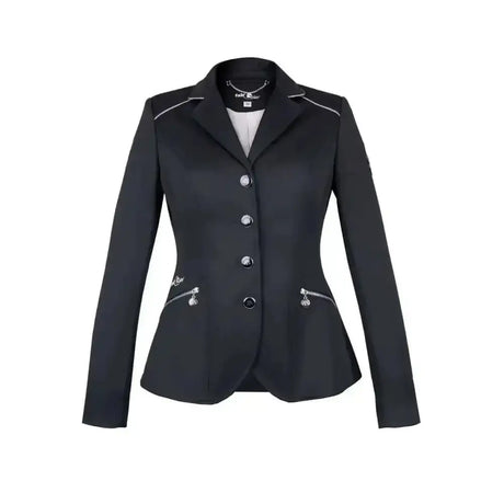 Black tailored fair play jacket tiffany navy with silver trim and decorative zippers for equestrian use