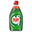 Green plastic bottle of fairy original washing up liquid 320ml with red cap and non-foaming label with baby illustration