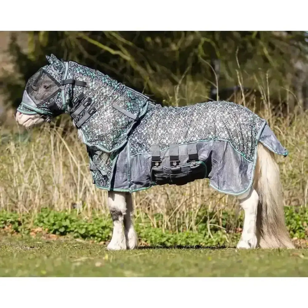Dark gray and teal patterned falabella fly rugs veil with mesh face covering and adjustable straps for miniature horses