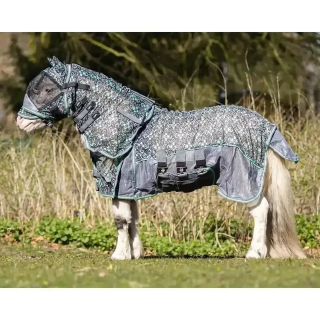 Dark gray and teal patterned falabella fly rugs veil with mesh face covering and adjustable straps for miniature horses