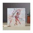 Fanciful dolomite card featuring an original hand-painted watercolour birthday dressage horse in soft pinks and browns