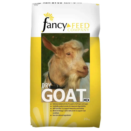 Yellow bag of fancy feeds dry goat mix with appetising fully balanced mix and bruised oats featuring light-colored goat