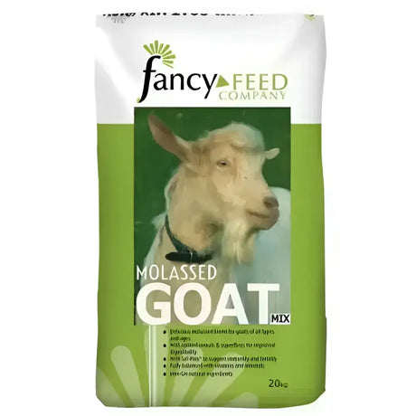 Fancy feeds mollassed goat mix in a green and white bag with a goat image for appetising fully balanced feed