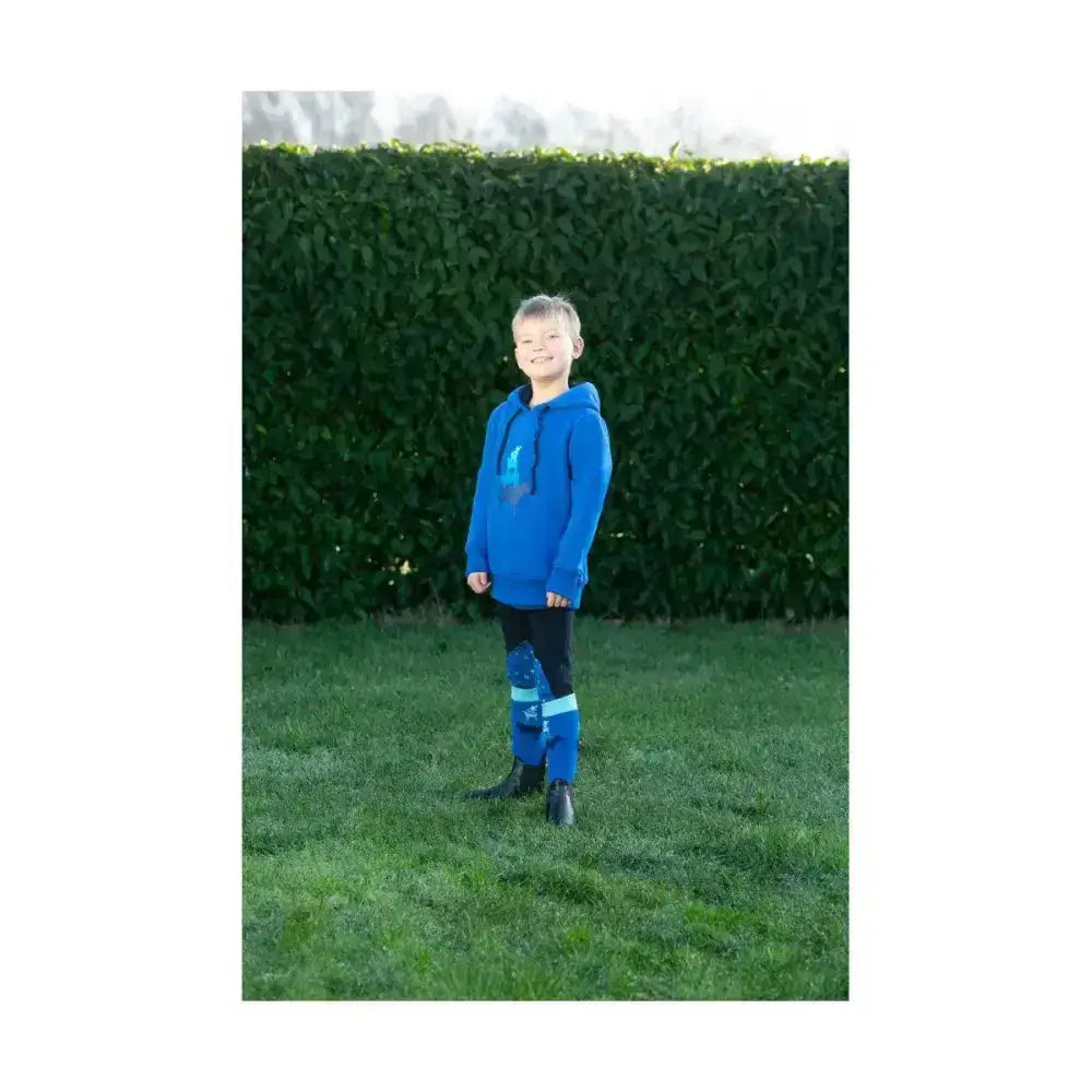 Blue hooded farm collection hoodie by little knight with cosy rider snug fit and small embroidered logo on chest