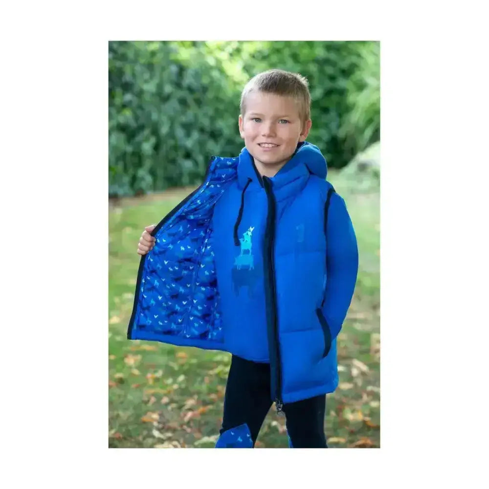 Bright blue lightweight padded gilet with black trim and deer graphic from little knight farm collection padded gilet