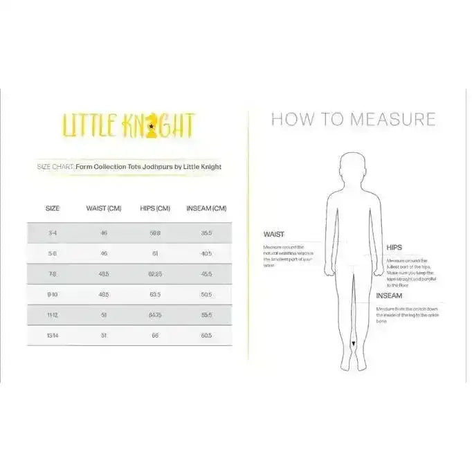 Little knight farm collection tots jodhpurs size chart showing smart navy breeches with knight emblem measurements guide