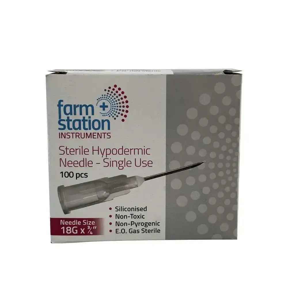 Farm station disposable needles box with 100 sterile hypodermic needles clear plastic hub metallic tip individually packed