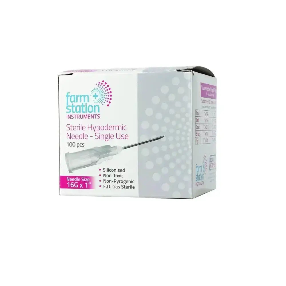 White and pink cardboard box of farm station disposable needles sterile hypodermic needles individually packed for single use