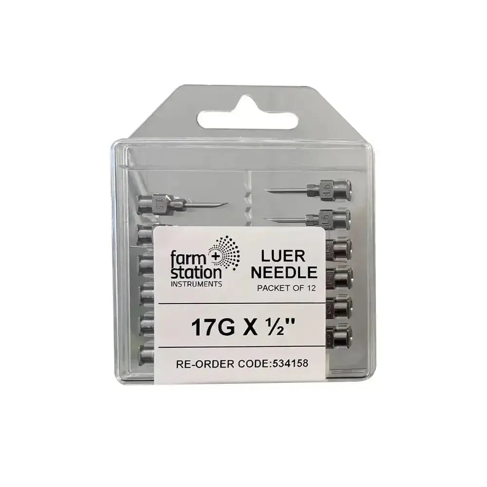 A clear plastic pack of twelve metallic 17g x ½ inch farm station luer needles for livestock applications