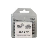 A clear plastic pack of twelve metallic 17g x ½ inch farm station luer needles for livestock applications