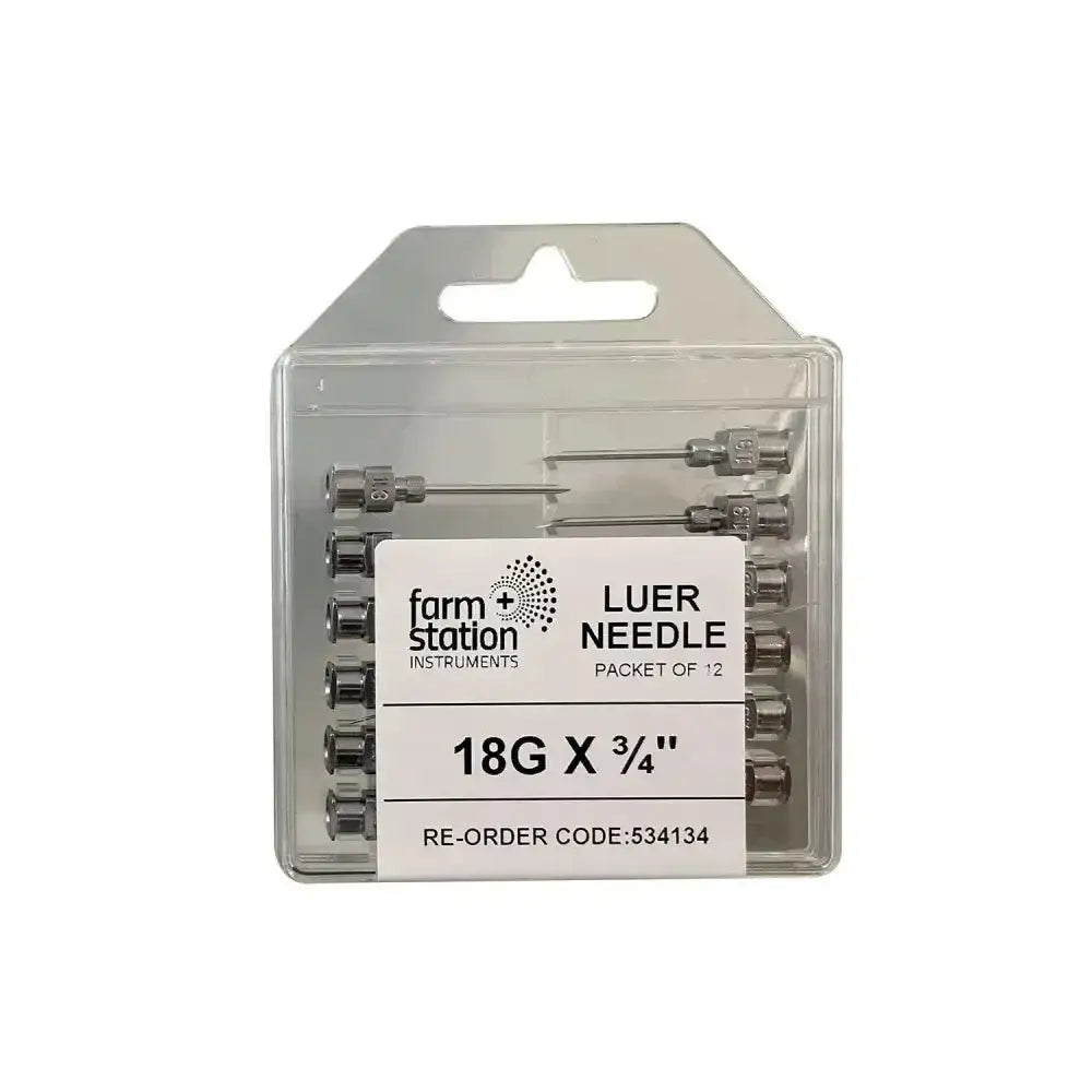 A clear plastic package of twelve 18g 3/4 inch farm station luer needles for livestock applications