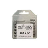 A clear plastic package of twelve 18g 3/4 inch farm station luer needles for livestock applications