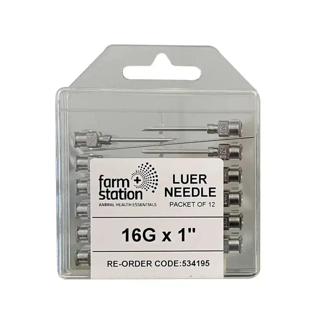 A clear plastic package of twelve silver 16g x 1 inch farm station luer needles for livestock applications