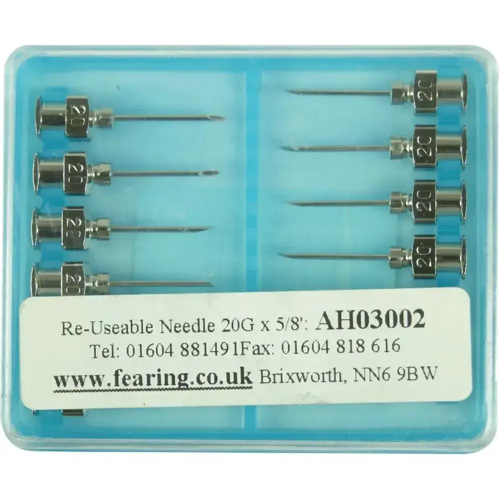 Set of five reusable 20g farm station luer needles in a clear blue plastic case for livestock applications