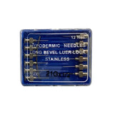 A set of twelve stainless steel farm station luer needles with long bevel luer-lock tips in a blue plastic case for livestock applications