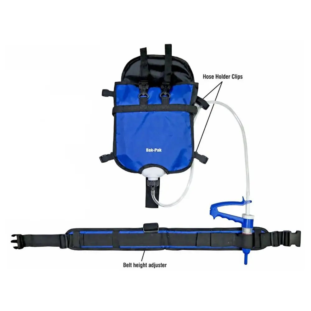 Farmaco bak-pak blue and black hydration pack with transparent hose and adjustable belt for pour-on animal health use