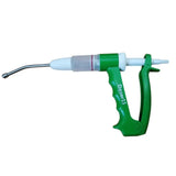 Green plastic farmaco dial-o-doser veterinary syringe with white barrel clear plunger and metal needle for equestrian horses