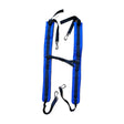 Blue padded shoulder harness with black straps and metal carabiner hooks for farmaco easy-strapz equestrian use