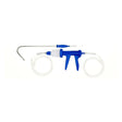 Blue plastic farmaco hook doser with curved metal hook and clear tubing for precise dosing and suction