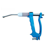 Blue plastic-handled farmaco metalmatic drencher with clear barrel and metal needle for animal injection use