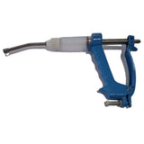 Blue plastic and metal farmaco metalmatic drencher with clear barrel white plunger and curved stainless steel needle