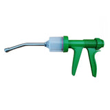 Green plastic veterinary drencher with clear barrel and metal nozzle for equestrian use with horses