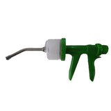Green plastic-handled veterinary drencher with translucent barrel and stainless steel nozzle for equestrian horses