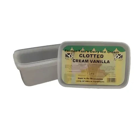 A rectangular translucent plastic container of farmer toms clotted cream vanilla ice cream tub with green and yellow label