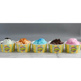 Five colorful farmer toms ice cream small tubs with yellow and green striped design including clotted cream vanilla