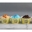 Yellow and green striped paper cups filled with different farmer toms ice cream flavors including clotted cream vanilla small tubs