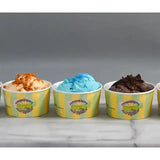 Yellow and green striped paper cups filled with different farmer toms ice cream flavors including clotted cream vanilla small tubs