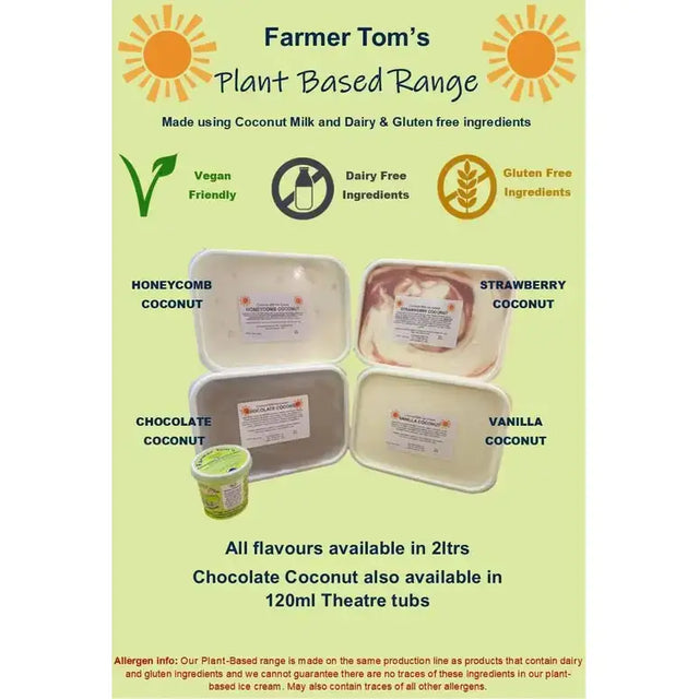 White rectangular tubs of farmer toms ice cream small plant based coconut flavors including clotted cream vanilla