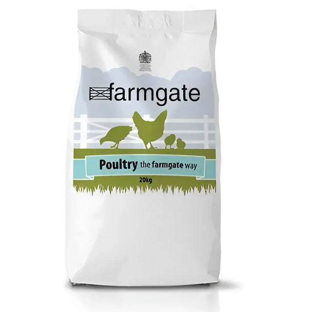 White 20kg bag of farmgate chick crumbs with green chicken silhouettes and poultry the farmgate way text on front