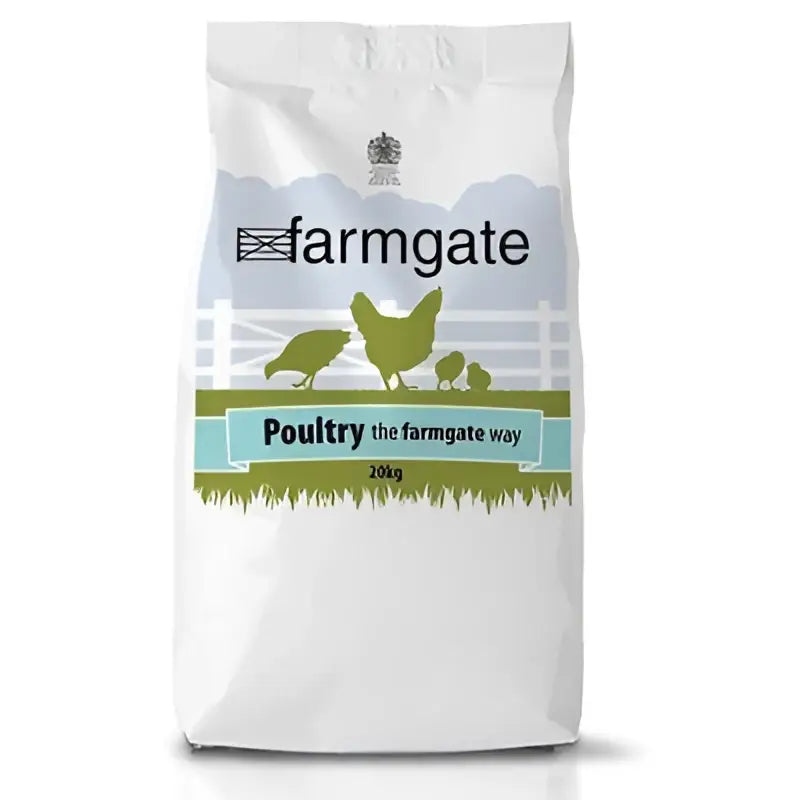 White farmgate layers mash bag 20 kg with green and blue label showing chicken silhouettes for poultry feed