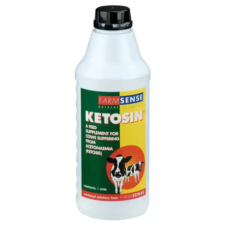A white plastic bottle with a black cap labeled farmsense ketosin with green and yellow branding for lowered milk yield and acetone breath in cows