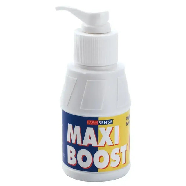 White plastic pump bottle labeled farmsense maxiboost offering unique high energy boost in blue and yellow design