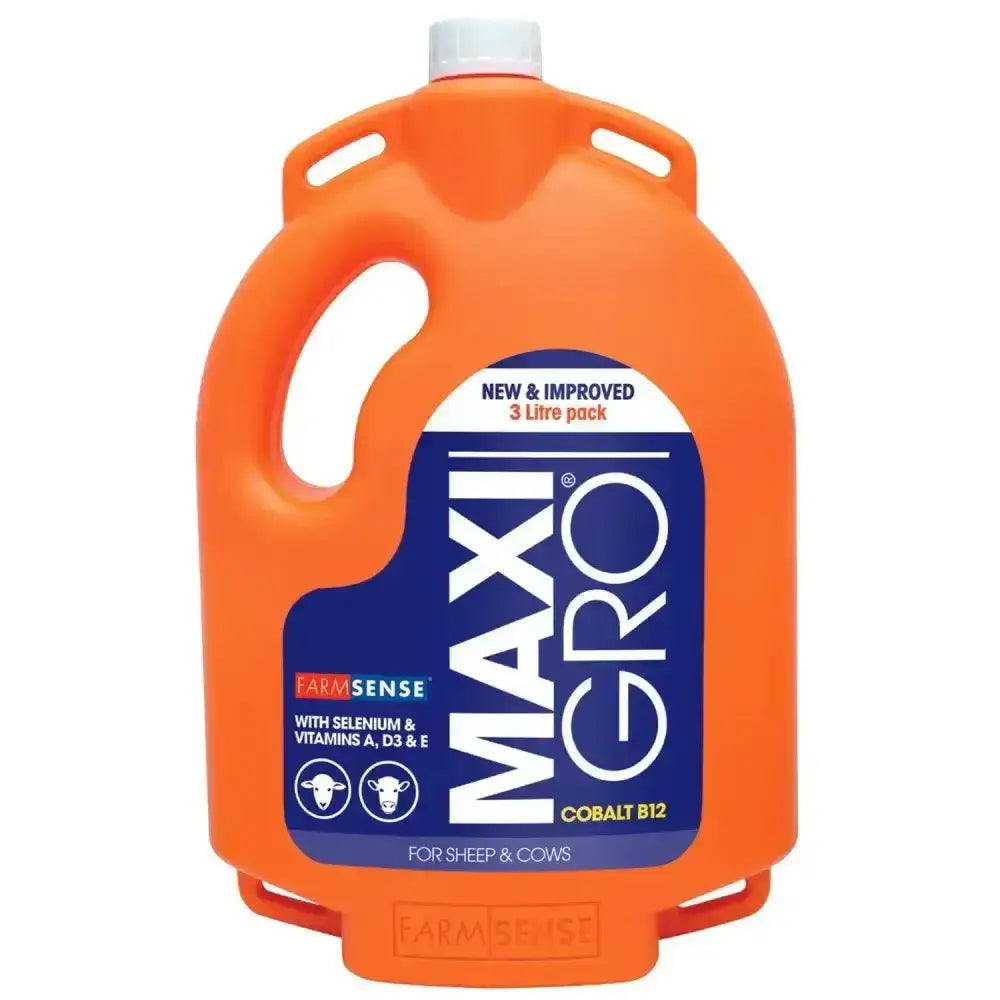 Bright orange plastic jug with white cap and blue maxipro label for sheep and cows farmsense maxigro cobalt b12 liquid drench