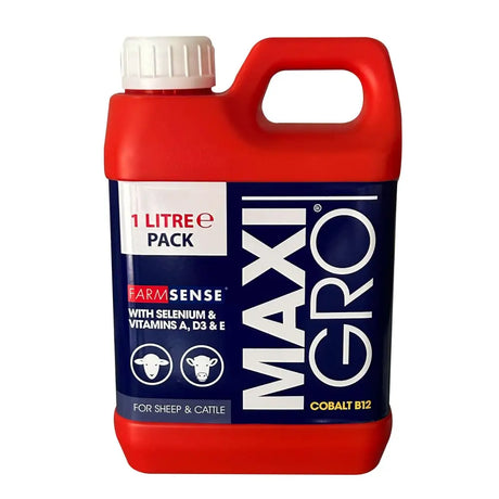 Red plastic jug with white cap and blue farmsense maxigro cobalt label for sheep and cattle liquid drench supplement