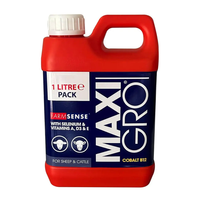 Red plastic jug with white cap and blue farmsense maxigro cobalt label for sheep and cattle liquid drench supplement