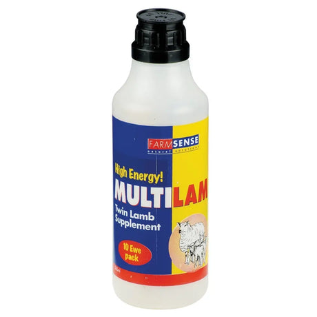 White plastic farmsense multilam bottle with black cap and colorful label for high energy complementary feed for pregnant ewes