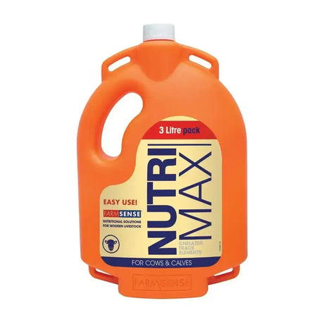 Orange plastic jug with white cap and beige farmsense nutrimax cattle label for trace element complementary use