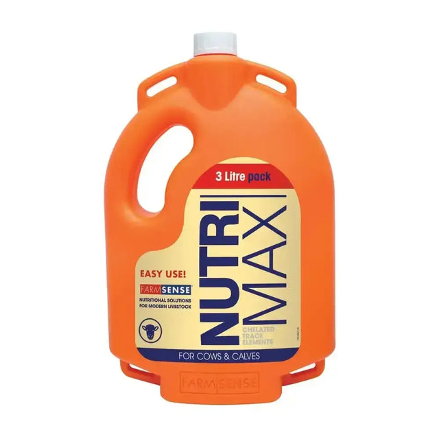 Orange plastic jug with white cap and beige farmsense nutrimax cattle label for trace element complementary use
