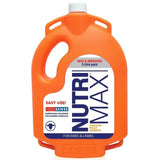 Bright orange plastic jug with white cap and farmsense nutrimax sheep label for trace element complementary use