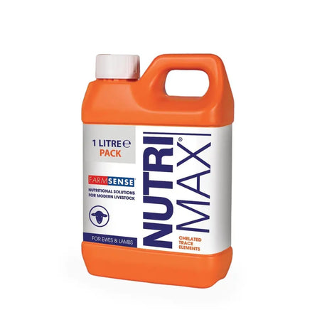 Orange plastic jug with white cap and handle labeled farmsense nutrimax sheep trace element complementary for ewes and lambs