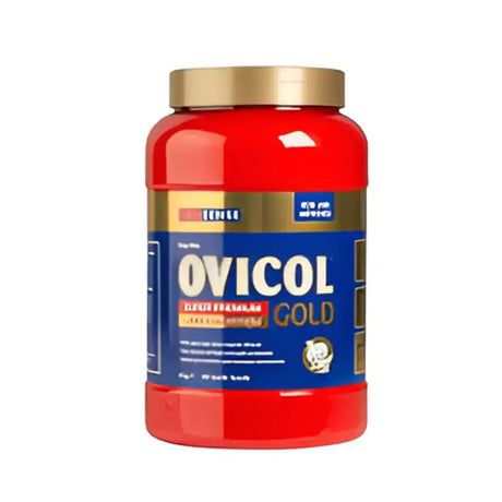 Red plastic container with gold lid and blue label featuring farmsense ovicol gold in white lettering