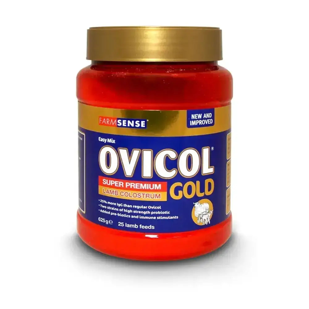 Red plastic jar with gold lid and blue label for farmsense ovicol gold super premium lamb colostrum product