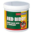 White plastic container of farmsense red biddy antibacterial udder salve with fly repellent and cow illustration