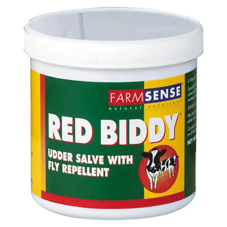 White plastic container of farmsense red biddy antibacterial udder salve with fly repellent and cow illustration