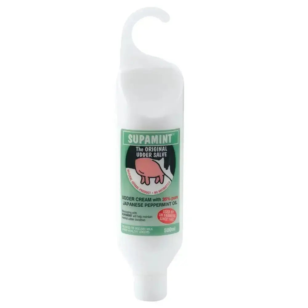 White plastic bottle of farmsense supamint udder cream with green label featuring pink pig with japanese peppermint oil to improve udder condition